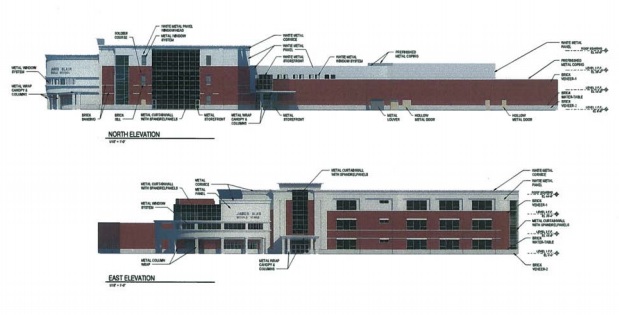North and east elevations of the fourth middle school were submitted to the City of Williamsburg Planning Commission as part of the final site plan application. (City of Williamsburg)