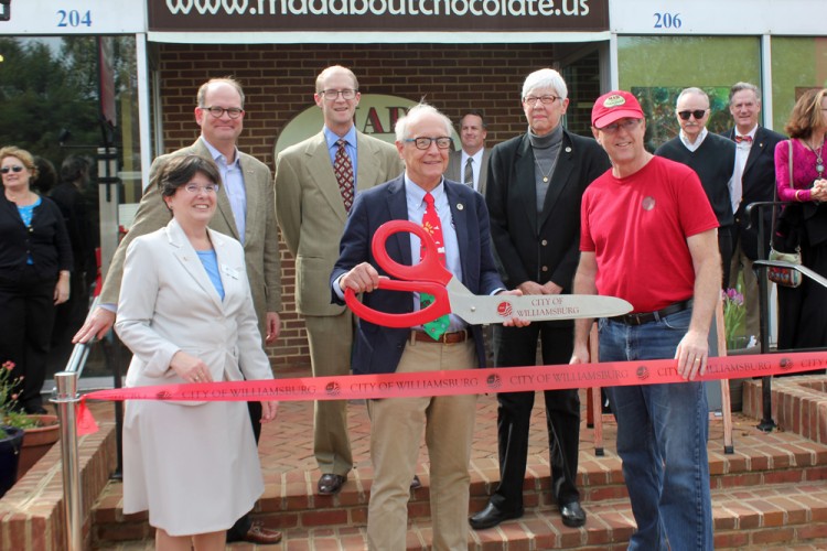 (From left to right) Greater Williamsburg Chamber & Tourism Alliance President and CEO Karen Riordan; Del. Monty Mason; Vice Mayor Paul Freiling; Mayor Clyde Haulman; Councilwoman Judy Knudson; and MAD About Chocolate owner Mike Riordan. (Nicole Trifone/WYDaily)