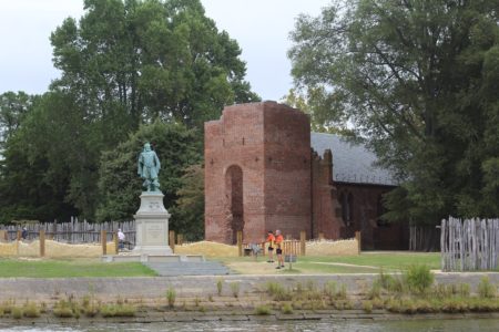 The John Smith statue and the Jamestown Church are both visible from the James River on Sept. 21, 2015. (Kirsten Petersen/ WYDaily)