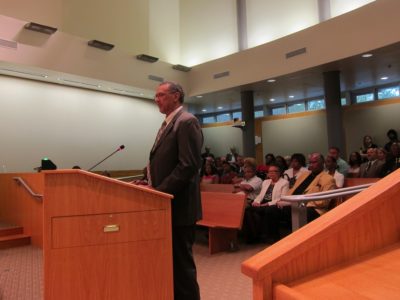 Lafayette Jones, a graduate of the Bruton Heights School, recalls his encounter with Rawls Byrd when he tried to attend the all-white James Blair High School in 1960 during the WJCC School Board meeting April 19, 2016 (Kirsten Petersen/WYDaily)