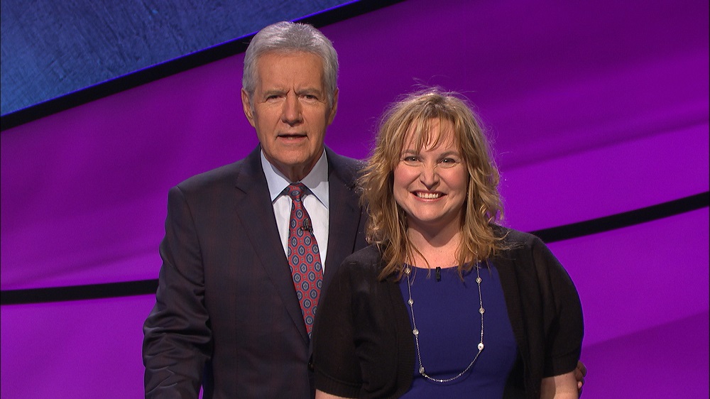 Nicole Throckmorton, a Warhill High School English teacher, with Alex Trebek during the filming of her "Jeopardy!" episode Feb. 24, 2016. (Jeopardy!)