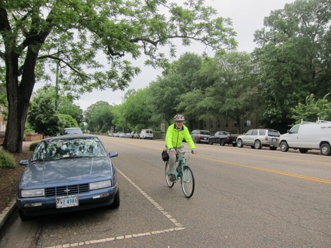 City of Williamsburg Planning Director Reed Nester rides his bicycle on Richmond Road May 18, 2016. (Photo by Kirsten Petersen)