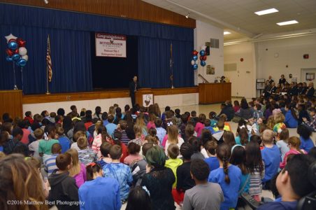 Bethel Manor Elementary School Principal Mike Lombardo opens the award ceremony Feb. 19, 2016, which recognized the school’s selection as one of two Virginia National Title I Distinguished Schools. (Photo by Matthew P. Best)