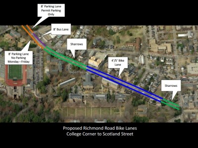 This map shows the proposed modifications between College Corner and Scotland Street to accommodate the new bike lanes and sharrows. (Image courtesy of the City of Williamsburg)