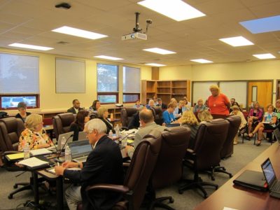 Edith "Cookie" Heard asks WJCC School Board members to discuss changing the name of Rawls Byrd Elementary School May 10, 2016. (Photo by Kirsten Petersen)
