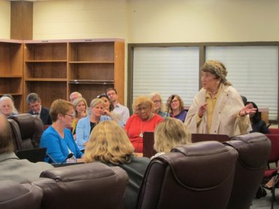 Lois Hornsby, a retired educator and the namesake of Hornsby Middle School, shares her experience with Rawls Byrd during the May 10, 2016 WJCC School Board meeting. (Kirsten Petersen/ WYDaily)