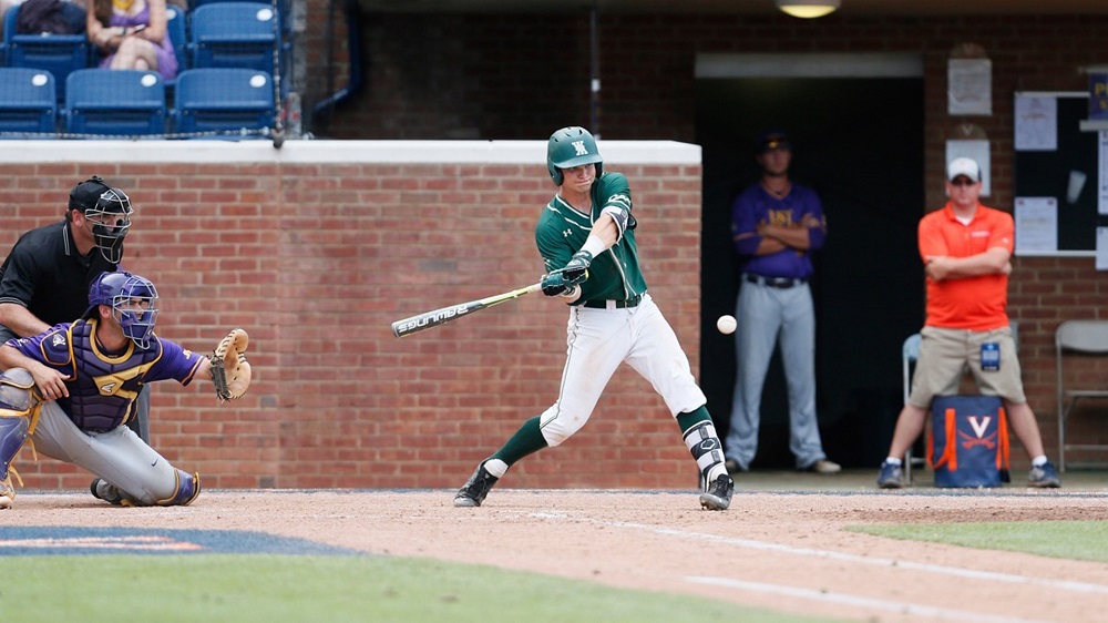 Charley Could hits the ball into play against East Carolina University. (Photo courtesy of Tribe Athletics)