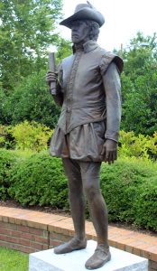 A statue of Capt. Bartholomew Gosnold was unveiled outside the WJCC courthouse Friday. (Adrienne Berard/WYDaily)