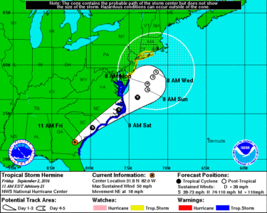 The projected path of Tropical Storm Hermine. (Courtesy National Weather Service.)