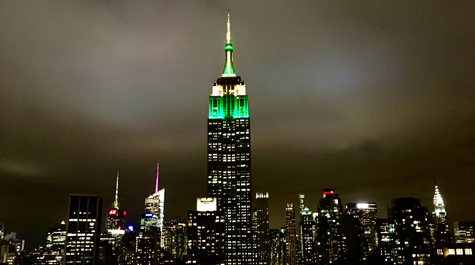 Green and gold:  The Empire State Building was illuminated in green and gold Thursday evening in honor of the nearly 13,000 W&M alumni, parents and friends in the New York City area and over 97,000 alumni around the globe. As of Friday morning, nearly 34,000 people viewed a live video of the lighting on the William & Mary Alumni Association's Facebook page.  (Photo courtesy of University Advancement)