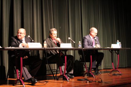 Candidates (Left to right) John Bloom, Thomas Holston, and Del. Monty Mason at a League of Women Voters of the Williamsburg area forum on Oct. 13.