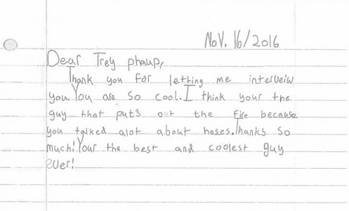 A letter sent to Lieutenant Trey Phaup by a Matthew Whaley Elementary third grade student. (Courtesy Eric Stone.)