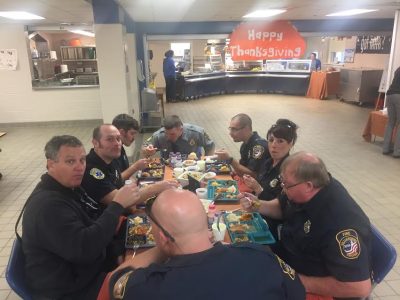 Firefighters from the Williamsburg Fire Department were treated to an early Thanksgiving meal before meeting with students at Matthew Whaley Elementary. (Courtesy Eric Stone.)