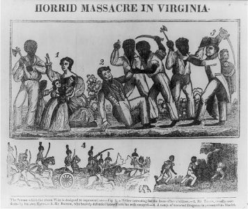 19th century woodcut depiction of Nat Turner's rebellion from "Authentic and Impartial Narrative of the Tragical Scene Which Was Witnessed in Southampton County" published in 1831. (Courtesy Library of Congress)