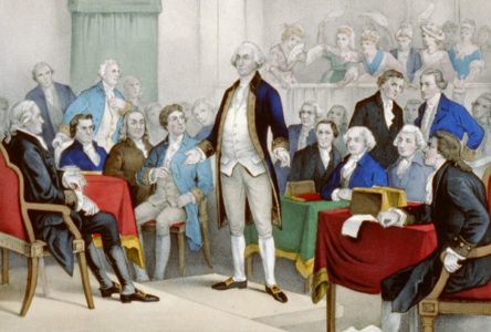 George Washington accepting command of the Continental Army. George Washington (middle) surrounded by members of the Continental Congress, lithograph by Currier & Ives, c. 1876. Currier & Ives Collection (Courtesy Library of Congress)