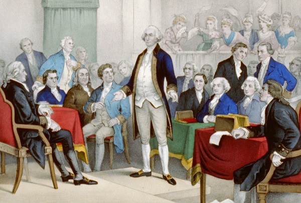 George Washington accepting command of the Continental Army. George Washington (middle) surrounded by members of the Continental Congress, lithograph by Currier & Ives, c. 1876. Currier & Ives Collection (Courtesy photo/Library of Congress)