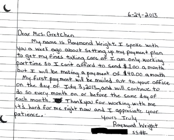 Wright formally entered into a payment plan with the Williamsburg-James City County Circuit Court Clerk with this letter. He said it took him three years to pay off his $2500 in court fines, fees, and interest accrued while he was in the Virginia State Penitentiary. (Courtesy WJCC Circuit Court)