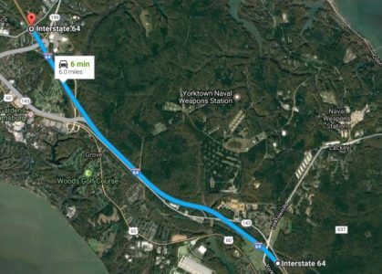 The week leading up to the new year will include lane closures and a shift in traffic patterns along a six-mile section of I-64 that runs from Busch Gardens to Lee Hall in Newport News. (Courtesy Google Maps)