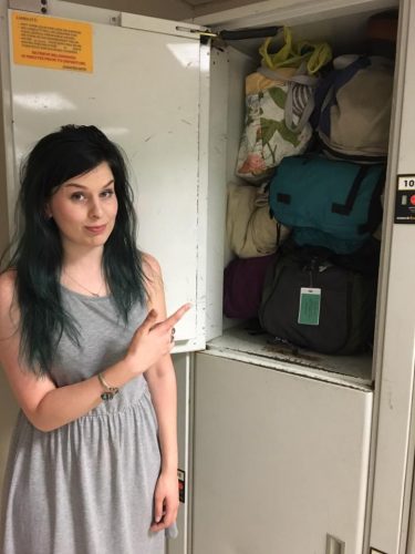 Jeanette Corey points out that space for luggage was scarce on their Amtrak coach train. (Photos courtesy Jeanette Corey)