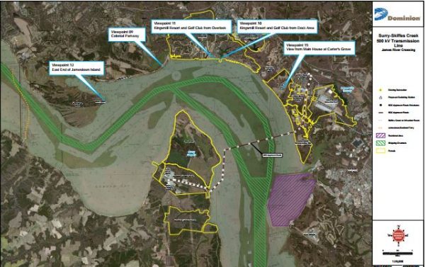 A Dominion Power map of the proposed Skiffes Creek transmission line project. Courtesy of Dominion Power.