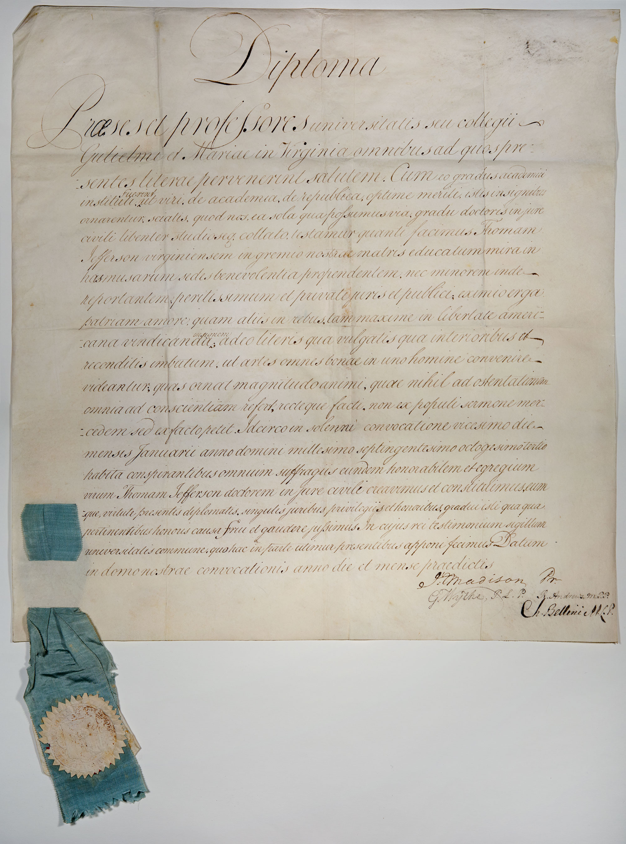 Careful wording on Thomas Jefferson’s 1783 honorary degree indicates that William & Mary was variably known as both ''College'' and ''university'' at the time. (Courtesy W&M)