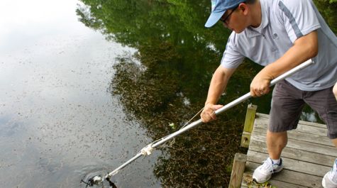 B.K. Song collects water samples from an over-fertilized lake for analyses of microbial communities and nutrients. (David Malmquist/VIMS)