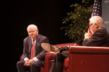 Chancellor Robert Gates leans forward in his seat before answering President Reveley's questions on American foreign policy and Russia. (Steve Roberts, Jr./WYDaily)