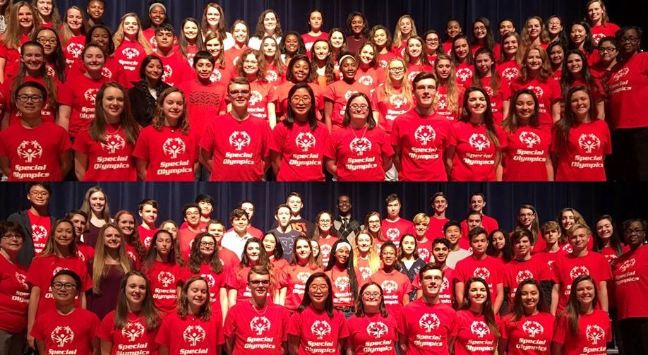 Students from the Grafton High School Special Olympics Club rock red t-shirts to support freshman Andrew Stonier. (Courtesy Grafton High School Facebook)
