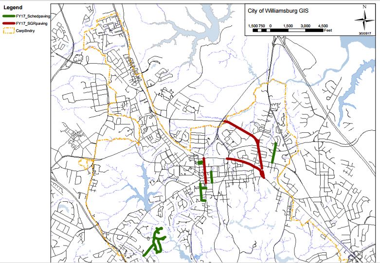 A map of the asphalt overlay project. (Courtesy City of Williamsburg)