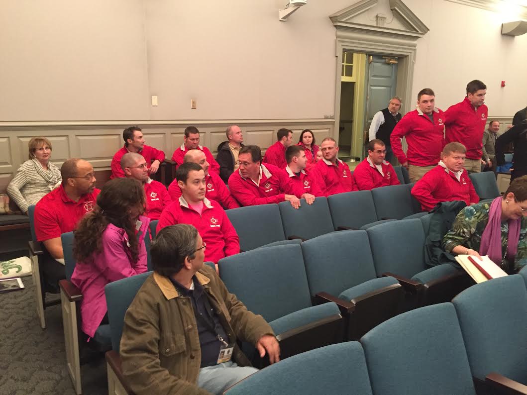 Over 20 firefighters flocked to the Feb. 21 Board of Supervisors meeting to make a statement about staffing in Fire & Life Safety. (Sarah Fearing/WYDaily)