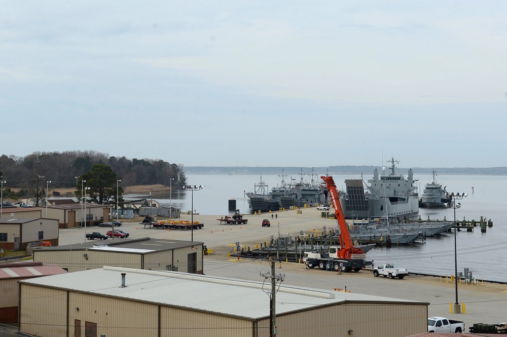 Vessels sit in the docks at Third Port at Joint Base Langley-Eustis, Va. (Courtesy Airman 1st Class Kaylee Dubois, U.S. Air Force.)
