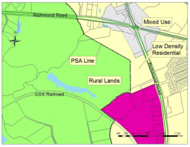 The current zoning of the area around the Taylor family property is shown in a Board of Supervisors agenda document. (Courtesy James City County Planning Department)