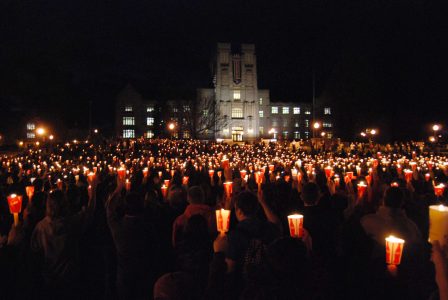 Remembering the 32 - a candlelight vigil outside Virginia Tech's Burruss Hall, two years after the tragic mass shooting. (file photo)