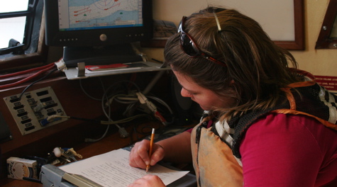 Kathleen Knick records survey data aboard the R/V Bay Eagle during a dredge tow. Photo by David Malmquist