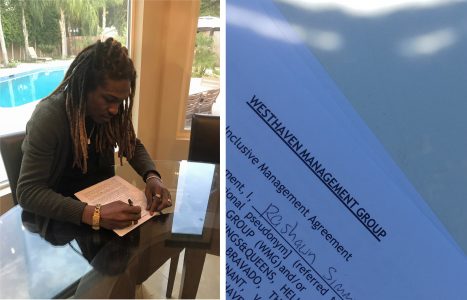 Rashawn Simmons signs a contract with Westhaven Management Group April 20 in California. (Courtesy Rashawn Simmons)