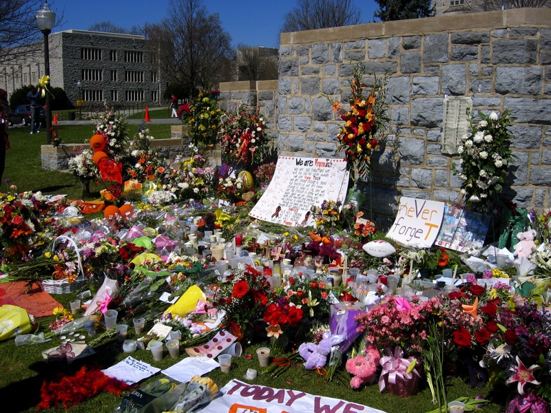A memorial on the drillfield placed after the Virginia Tech massacre. (Courtesy Wikimedia Commons)