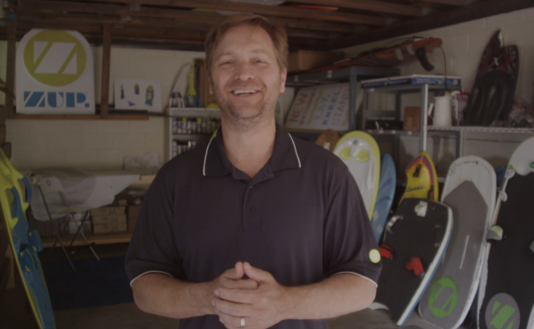 Glen Duff, founder and inventor of Zup Watersports Boards, in his garage where he worked on his product's design. (Courtesy Zup.com)