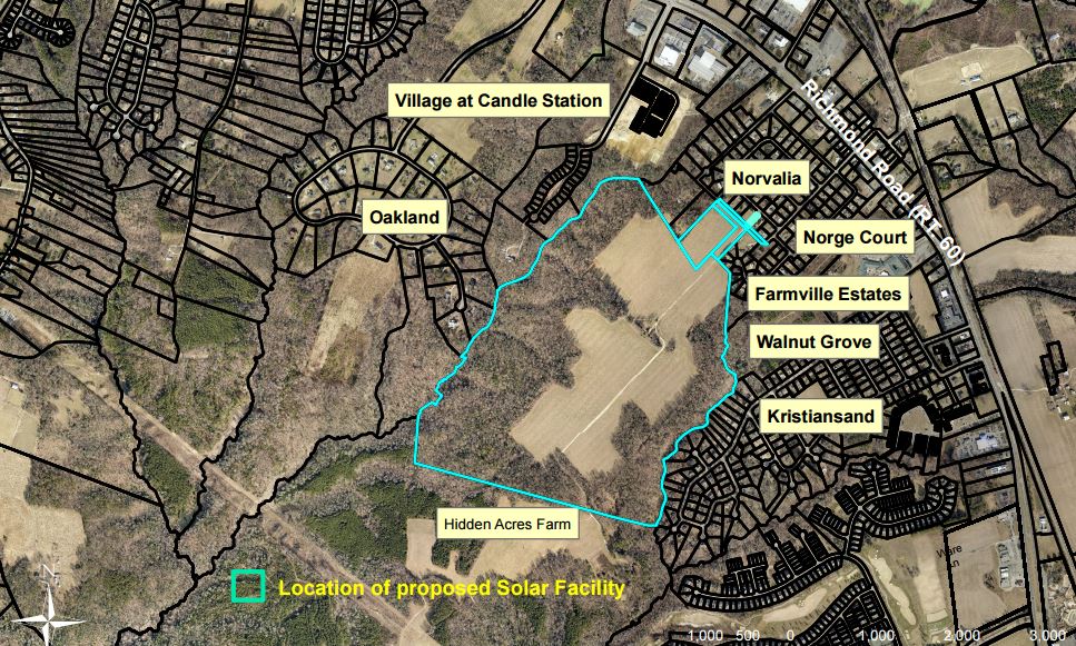 A map of the proposed solar farm site and the surrounding residential neighborhoods. (Courtesy James City County)