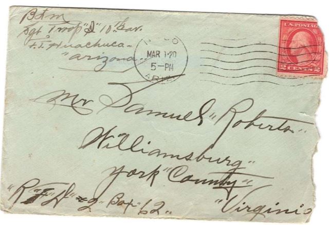 A two cent stamp adorns the worn upper right corner of the envelope Sgt. Burrell Morris used to send his letter to John Wise Roberts in Williamsburg. Courtesy Jacquelyn Roberts Gardner and Professor Maureen Elgersman Lee.