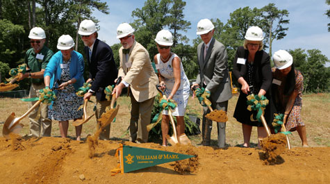 At the June 12 ceremony for the McLeod Tyler Wellness Center, (from left) Ronald Russell, Linda Knight, Kelly Crace, Goody Tyler, Bee McLeod, W&M President Taylor Reveley, Ginger Ambler and Anna Wong '17 break ground. (Stephen Salpukas/W&M News)
