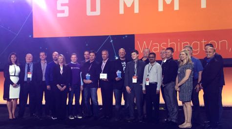 Members of the winning teams, including Derek Loftis of VIMS (light blue tie), on stage during announcement of Amazon Web Services Best Practice Awards for 2017. (Photo courtesy of VIMS)