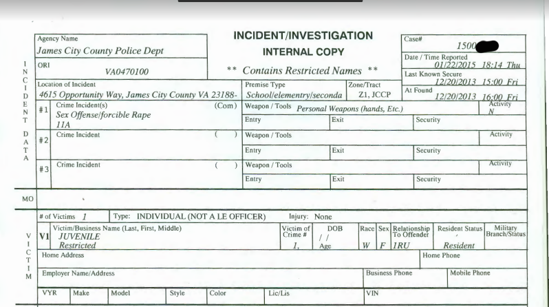 A copy of the police report filed on behalf of Ashley in 2015. (Courtesy JCCPD/Cyndi Ussery)