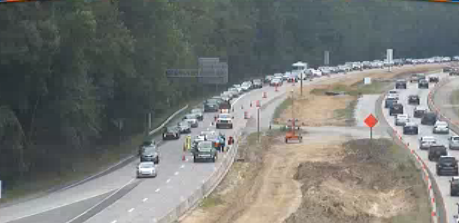 A crash on Interstate 64 near Lee Hall has closed both eastbound lanes and created a four-mile backup. (Courtesy VDOT)