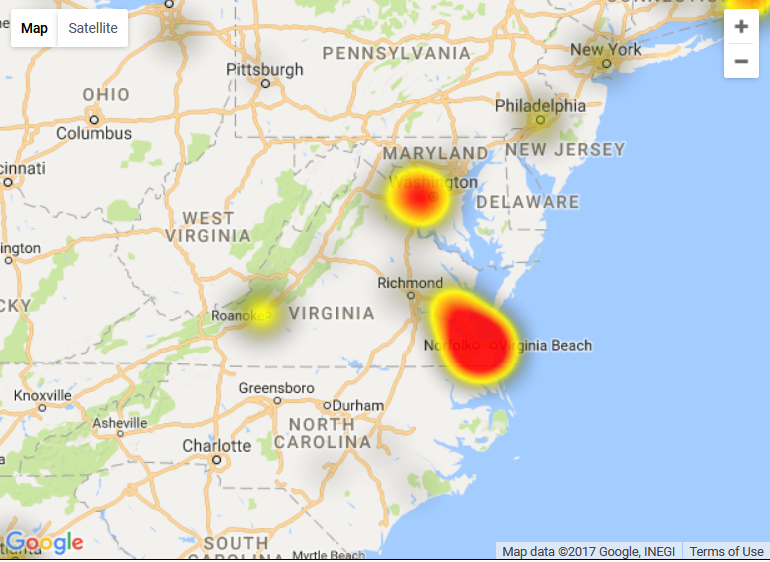 Map shows widespread internet outages Tuesday throughout Virginia Tuesday afternoon. (Courtesy DownDetector)