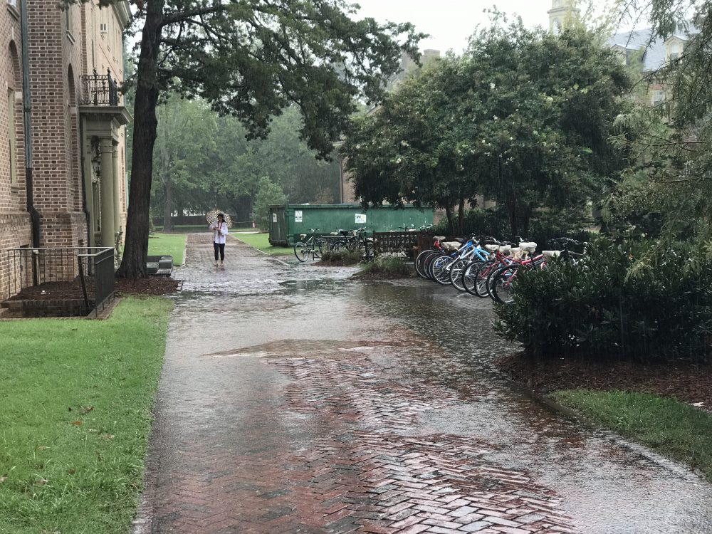 William & Mary students walk in the rain during a tropic cyclone in August 2017. (WYDaily/File photo)