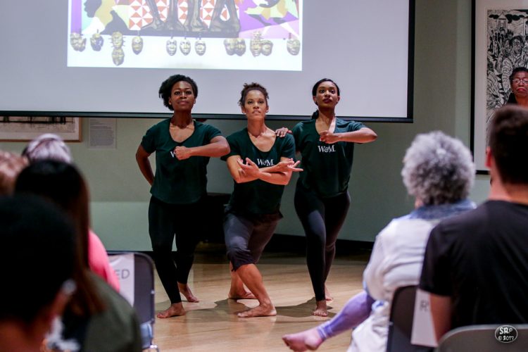 Camille Estrella (left) and Olivia Armstrong (far right) perform with Allyson Ross in the piece " Green and Gold on Sept. 2. Ross performed with the Leah Glenn Dance Theatre performed at the Muscarelle Museum of Art as part of the 50th Anniversary of African Americans in Residence at the College of William &amp; Mary. The performance incorporated dance, music, art, and poetry readings by Dr. Hermine Pinson. (Photo courtesy Skip Rowland '83)