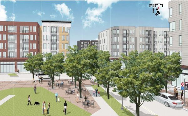 The newly-designed public plaza featured in Broad Street Realty's designs for Midtown Row. (Courtesy Broad Street Realty)