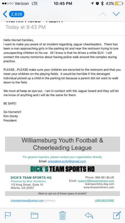Hornets Cheerleading and Youth Football President Kim Gordy sent an email to parents last week after hearing information from a leader of the Jaguar’s league, saying a man was trying to pick up children near the WISC bathrooms. (Screenshot from a post in a community Facebook forum)