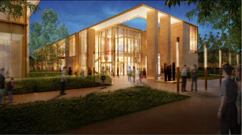 A rendering shows the design that has been approved for the new music building on the William & Mary campus to be built between the current Phi Beta Kappa Memorial Hall and Barksdale Field. (Photo courtesy of Moseley Architects and HGA Architects)