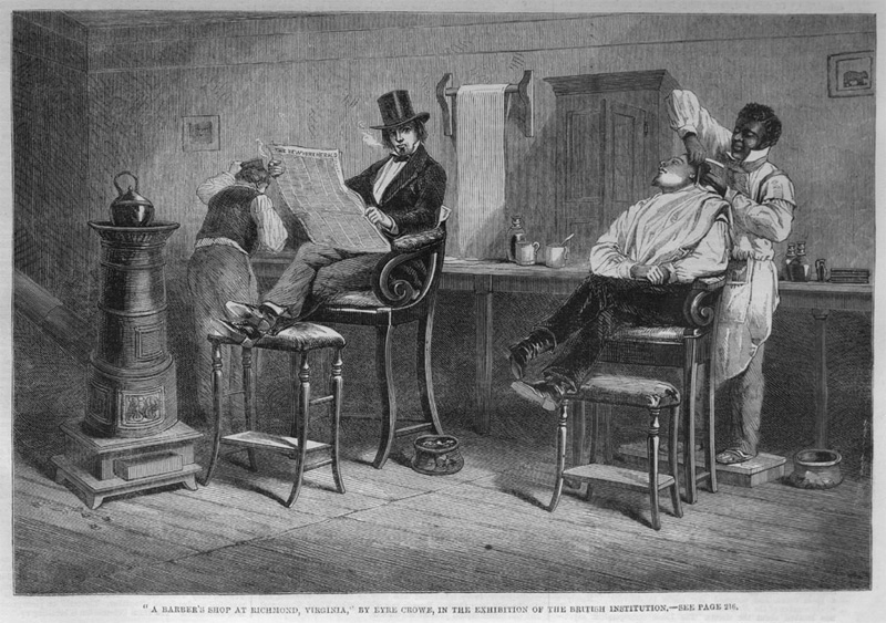 Sold into slavery in 1743, John Hope was just a child when a York County tavern operator purchased him, rechristened him “Caesar” and advertised his “famous” haircuts. (“A Barber’s Ship in Richmond, Va.” by Eyre Crown, depicted in the “Illustrated London News,” on March 9, 1861)